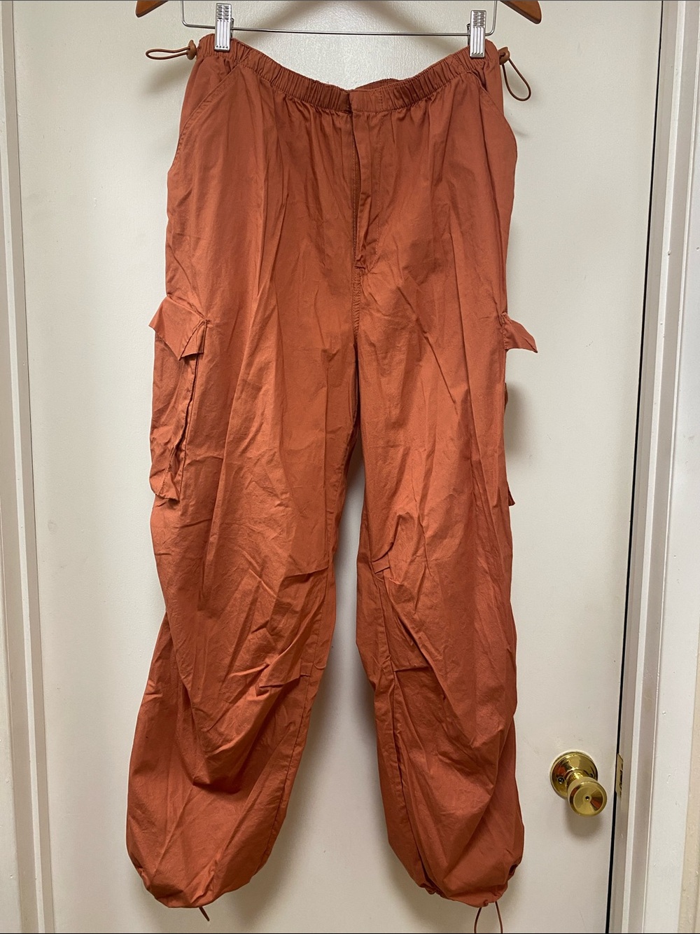 Women's Rust Cargo Jumpsuit with Drawstring Ankles